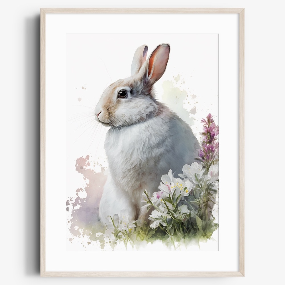 Cute Floral White Bunny Watercolor Wall Art Illustration Print Poster Unframed